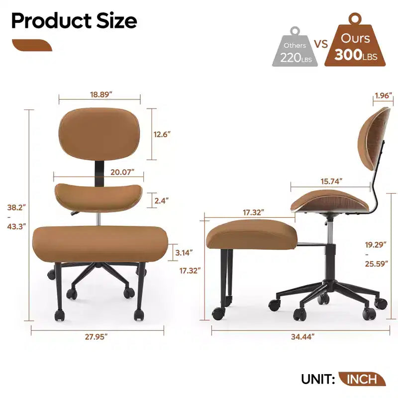 Sedia ergonomica incrociata in pelle PU, con base girevole, ruote e struttura in legno curvato – Supporto lombare per ufficio, yoga e meditazione