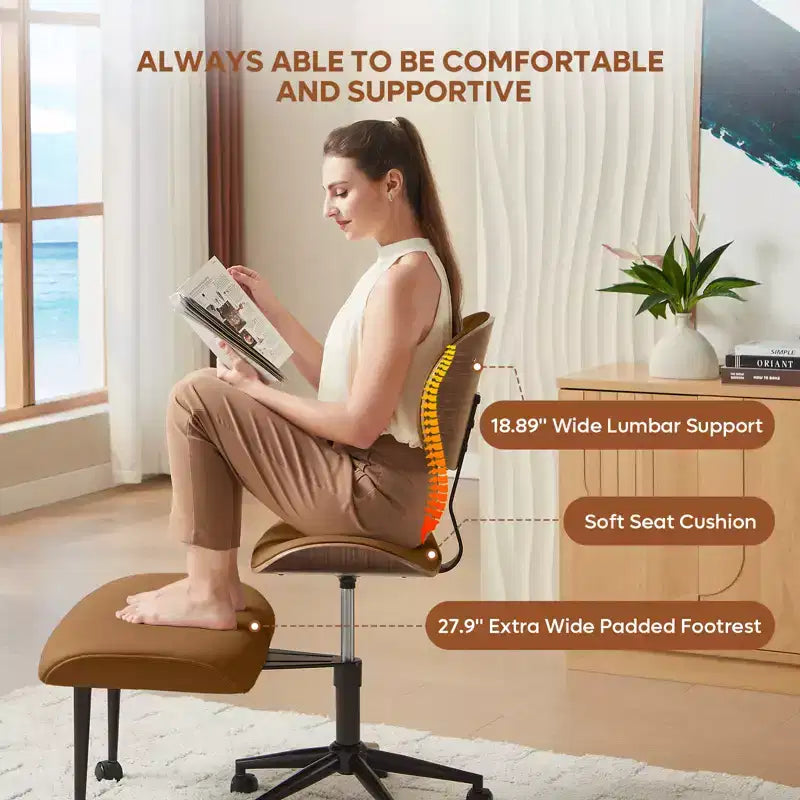 Sedia ergonomica incrociata in pelle PU, con base girevole, ruote e struttura in legno curvato – Supporto lombare per ufficio, yoga e meditazione