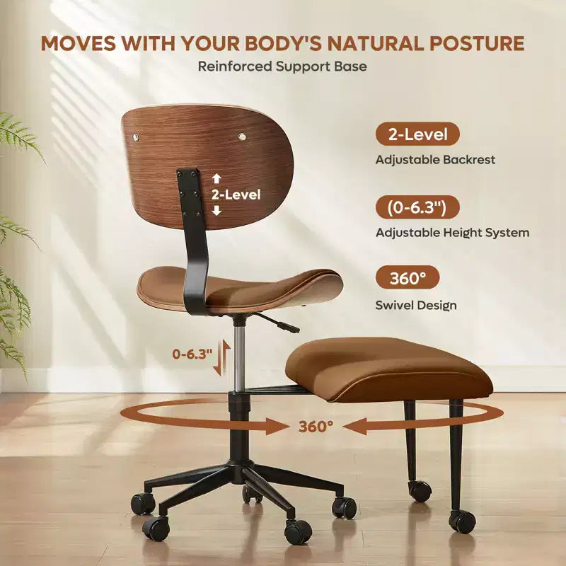 Sedia ergonomica incrociata in pelle PU, con base girevole, ruote e struttura in legno curvato – Supporto lombare per ufficio, yoga e meditazione