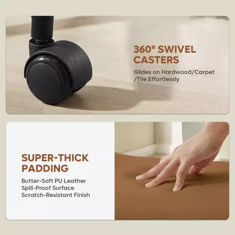 Sedia ergonomica incrociata in pelle PU, con base girevole, ruote e struttura in legno curvato – Supporto lombare per ufficio, yoga e meditazione