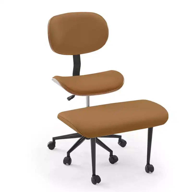 Sedia ergonomica incrociata in pelle PU, con base girevole, ruote e struttura in legno curvato – Supporto lombare per ufficio, yoga e meditazione