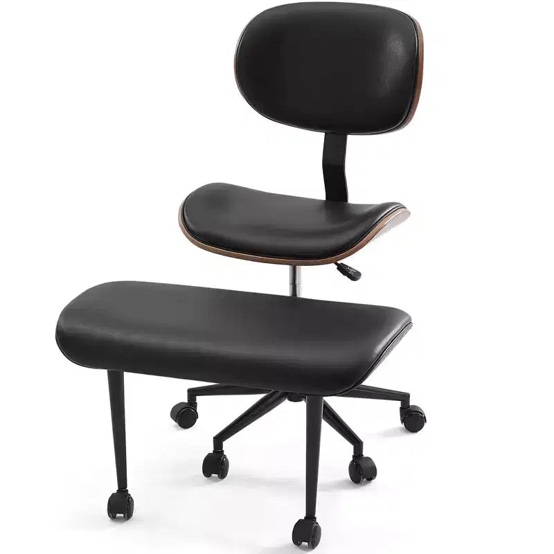 Sedia ergonomica incrociata in pelle PU, con base girevole, ruote e struttura in legno curvato – Supporto lombare per ufficio, yoga e meditazione