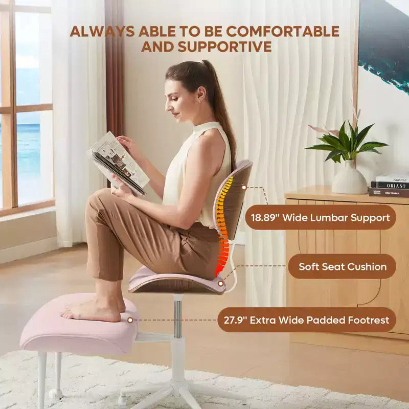 Sedia ergonomica incrociata in pelle PU, con base girevole, ruote e struttura in legno curvato – Supporto lombare per ufficio, yoga e meditazione