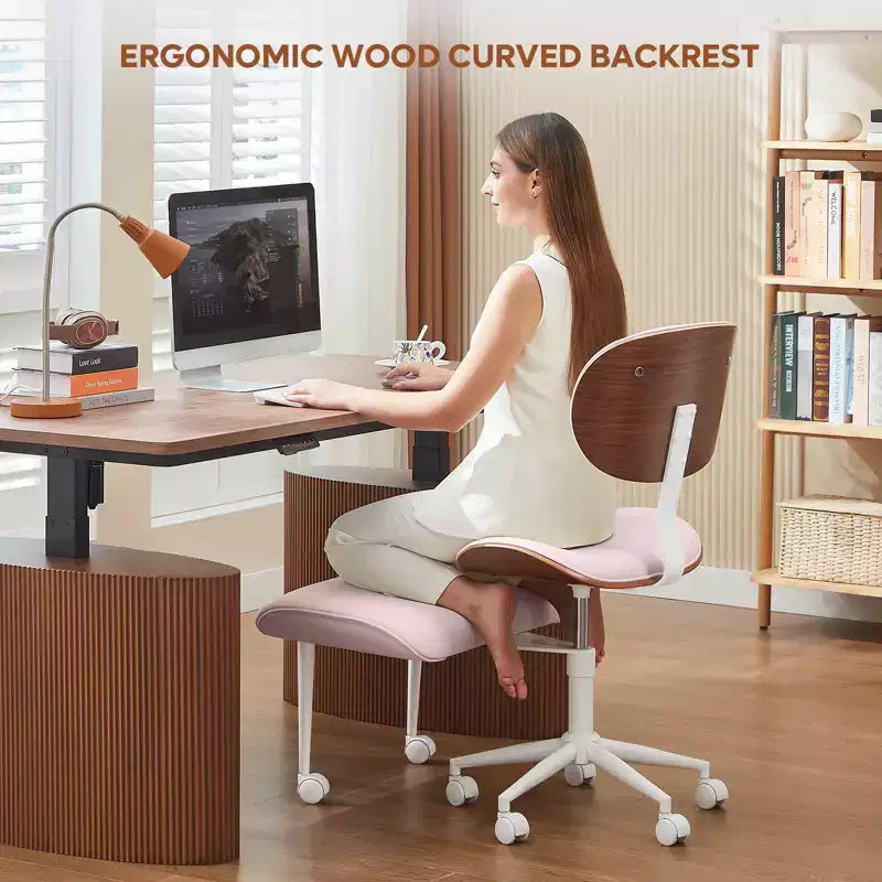Sedia ergonomica incrociata in pelle PU, con base girevole, ruote e struttura in legno curvato – Supporto lombare per ufficio, yoga e meditazione