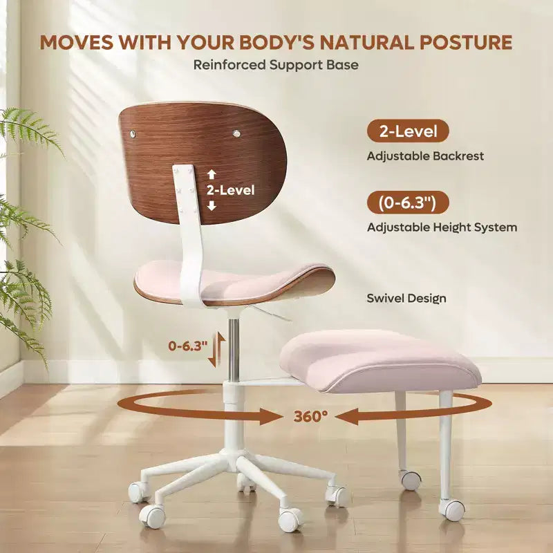 Sedia ergonomica incrociata in pelle PU, con base girevole, ruote e struttura in legno curvato – Supporto lombare per ufficio, yoga e meditazione
