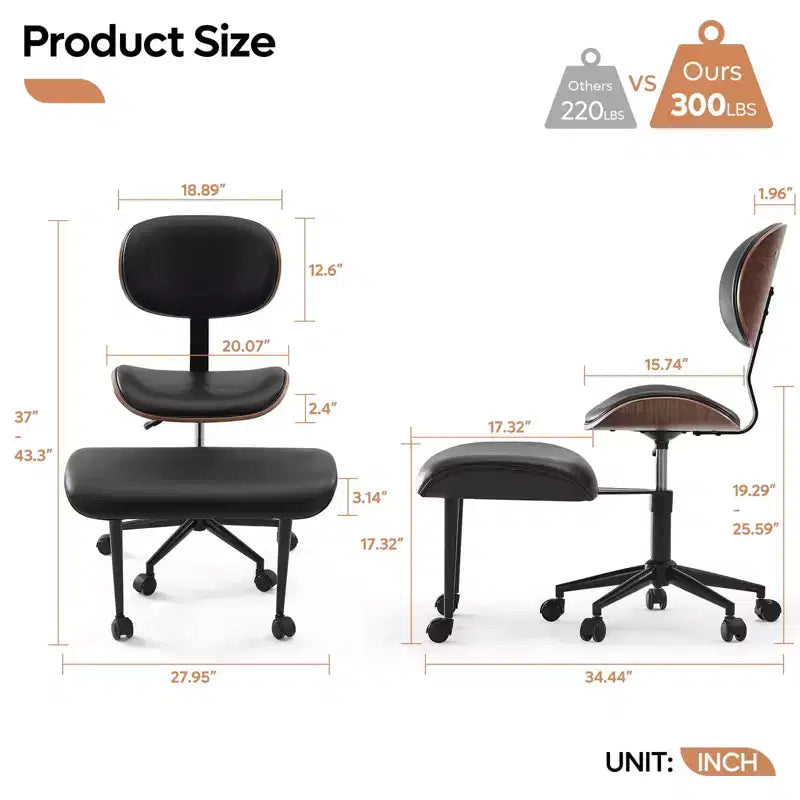Sedia ergonomica incrociata in pelle PU, con base girevole, ruote e struttura in legno curvato – Supporto lombare per ufficio, yoga e meditazione