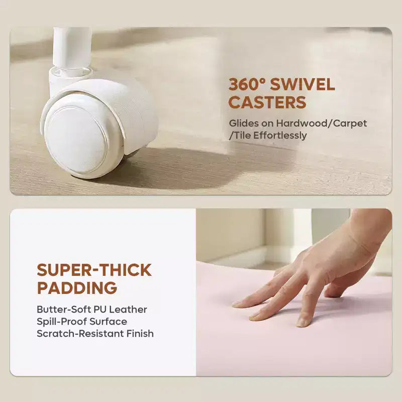 Sedia ergonomica incrociata in pelle PU, con base girevole, ruote e struttura in legno curvato – Supporto lombare per ufficio, yoga e meditazione