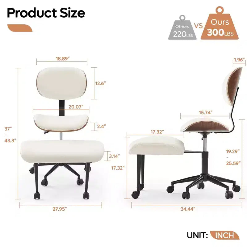 Sedia ergonomica incrociata in pelle PU, con base girevole, ruote e struttura in legno curvato – Supporto lombare per ufficio, yoga e meditazione