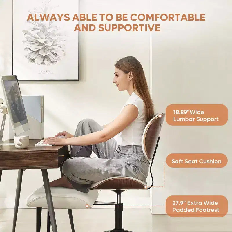 Sedia ergonomica incrociata in pelle PU, con base girevole, ruote e struttura in legno curvato – Supporto lombare per ufficio, yoga e meditazione