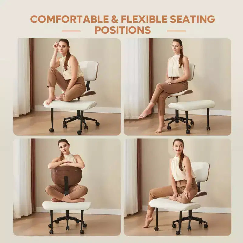 Sedia ergonomica incrociata in pelle PU, con base girevole, ruote e struttura in legno curvato – Supporto lombare per ufficio, yoga e meditazione