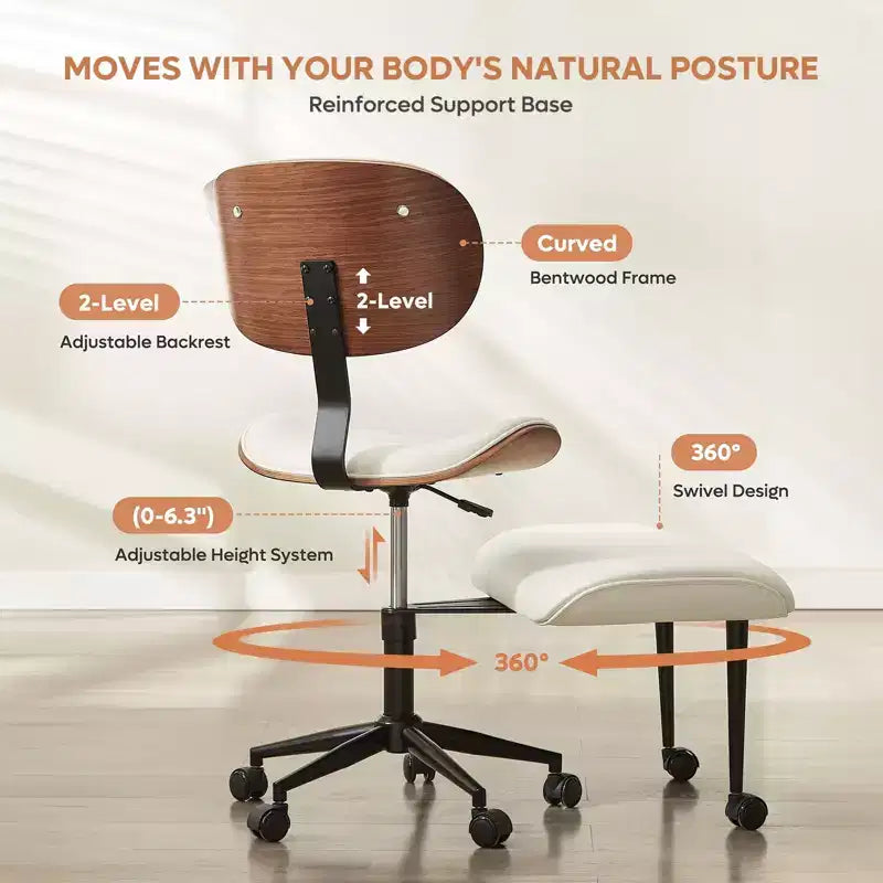 Sedia ergonomica incrociata in pelle PU, con base girevole, ruote e struttura in legno curvato – Supporto lombare per ufficio, yoga e meditazione
