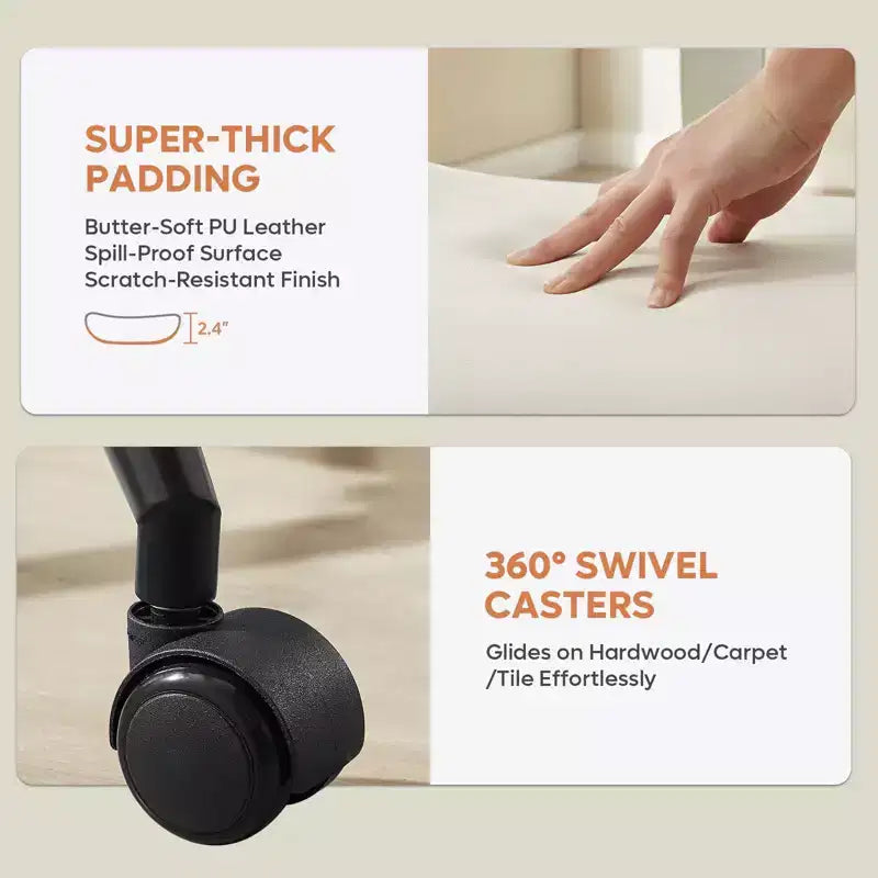 Sedia ergonomica incrociata in pelle PU, con base girevole, ruote e struttura in legno curvato – Supporto lombare per ufficio, yoga e meditazione