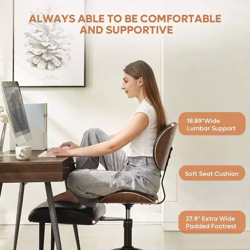 Sedia ergonomica incrociata in pelle PU, con base girevole, ruote e struttura in legno curvato – Supporto lombare per ufficio, yoga e meditazione