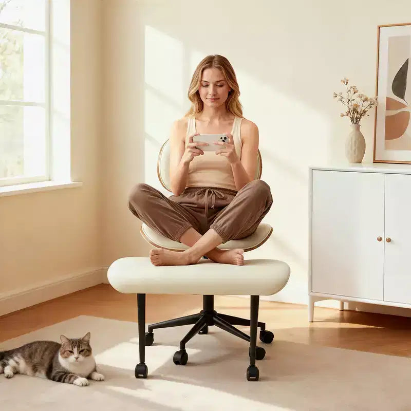 Sedia ergonomica incrociata in pelle PU, con base girevole, ruote e struttura in legno curvato – Supporto lombare per ufficio, yoga e meditazione