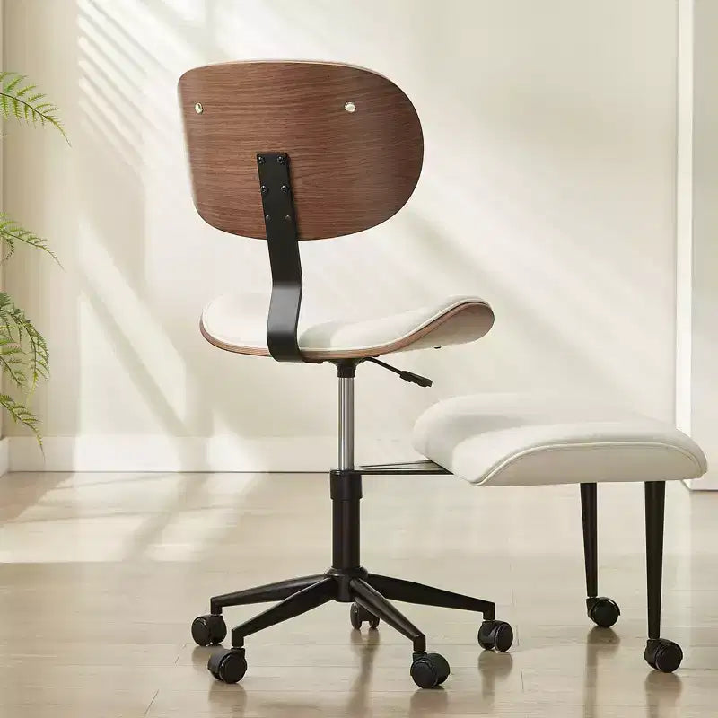 Sedia ergonomica incrociata in pelle PU, con base girevole, ruote e struttura in legno curvato – Supporto lombare per ufficio, yoga e meditazione