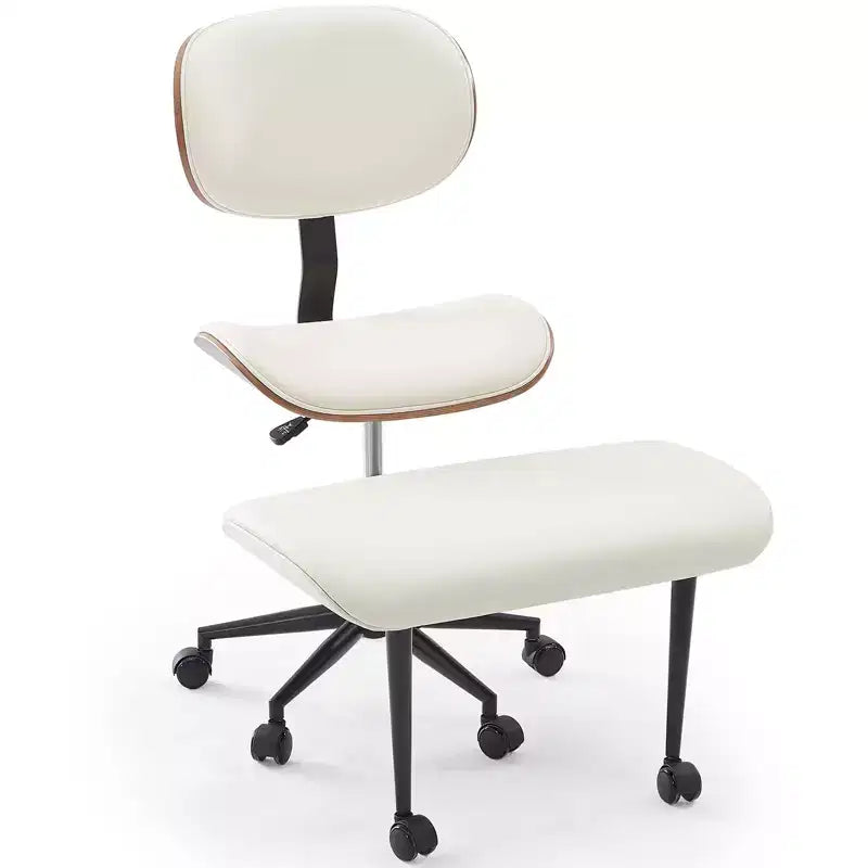 Sedia ergonomica incrociata in pelle PU, con base girevole, ruote e struttura in legno curvato – Supporto lombare per ufficio, yoga e meditazione