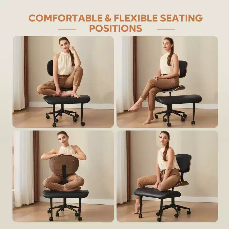Sedia ergonomica incrociata in pelle PU, con base girevole, ruote e struttura in legno curvato – Supporto lombare per ufficio, yoga e meditazione