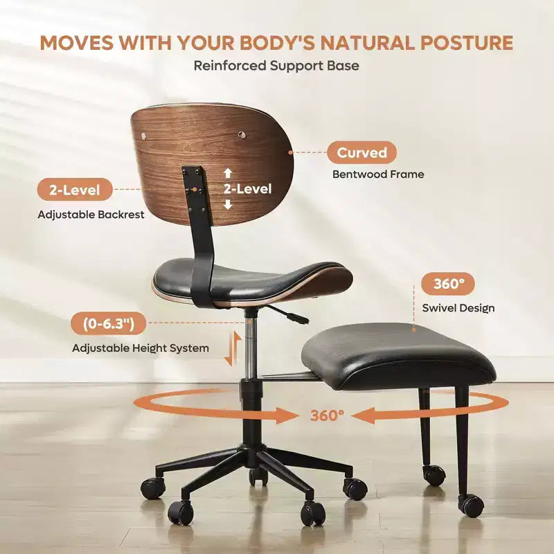 Sedia ergonomica incrociata in pelle PU, con base girevole, ruote e struttura in legno curvato – Supporto lombare per ufficio, yoga e meditazione