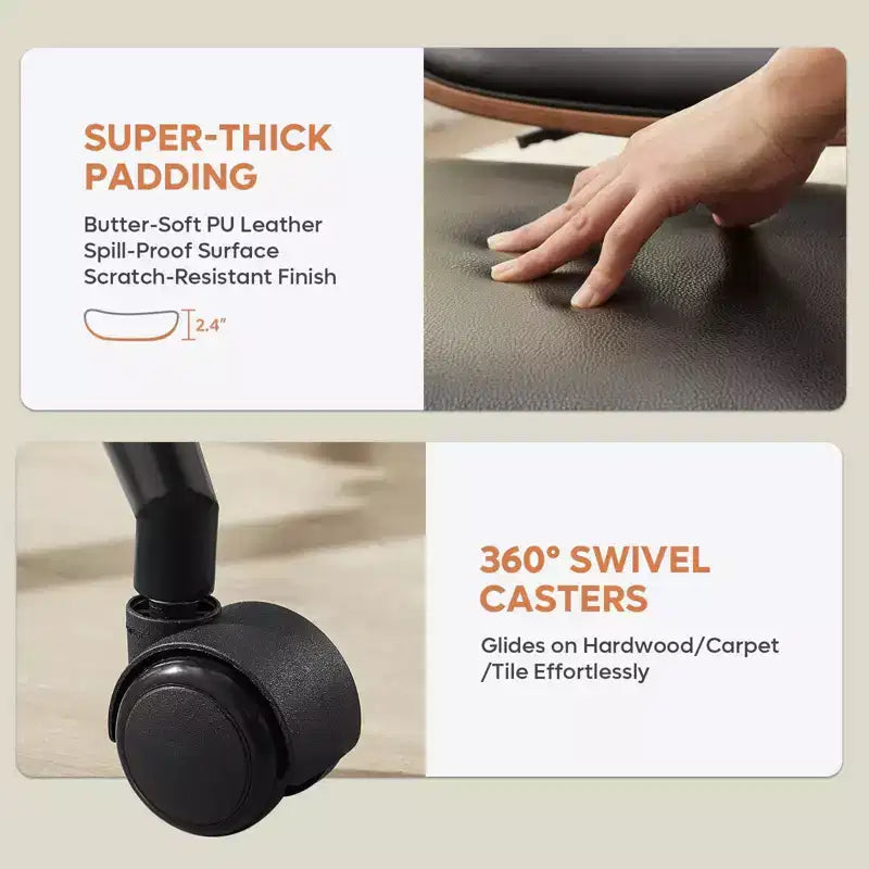 Sedia ergonomica incrociata in pelle PU, con base girevole, ruote e struttura in legno curvato – Supporto lombare per ufficio, yoga e meditazione