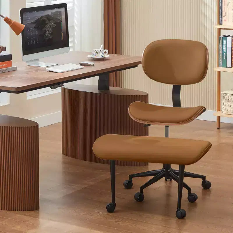 Sedia ergonomica incrociata in pelle PU, con base girevole, ruote e struttura in legno curvato – Supporto lombare per ufficio, yoga e meditazione
