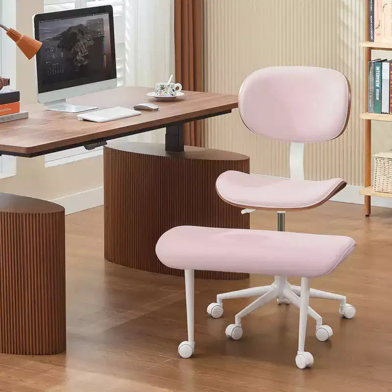Sedia ergonomica incrociata in pelle PU, con base girevole, ruote e struttura in legno curvato – Supporto lombare per ufficio, yoga e meditazione