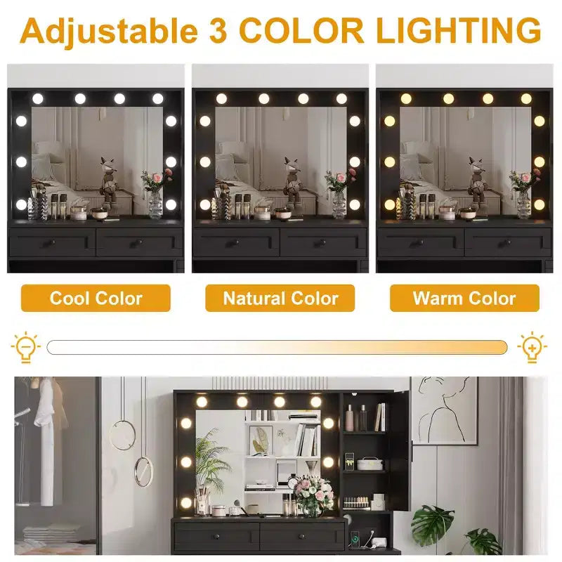 Toeletta con specchio LED, sgabello, prese di ricarica e cassetti portaoggetti