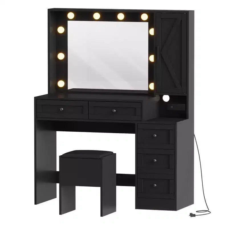 Toeletta con specchio LED, sgabello, prese di ricarica e cassetti portaoggetti
