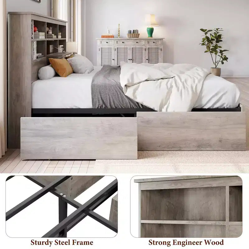Struttura Letto King Size con Piattaforma, Cassetti Contenitore e Testiera con Libreria, Grigio