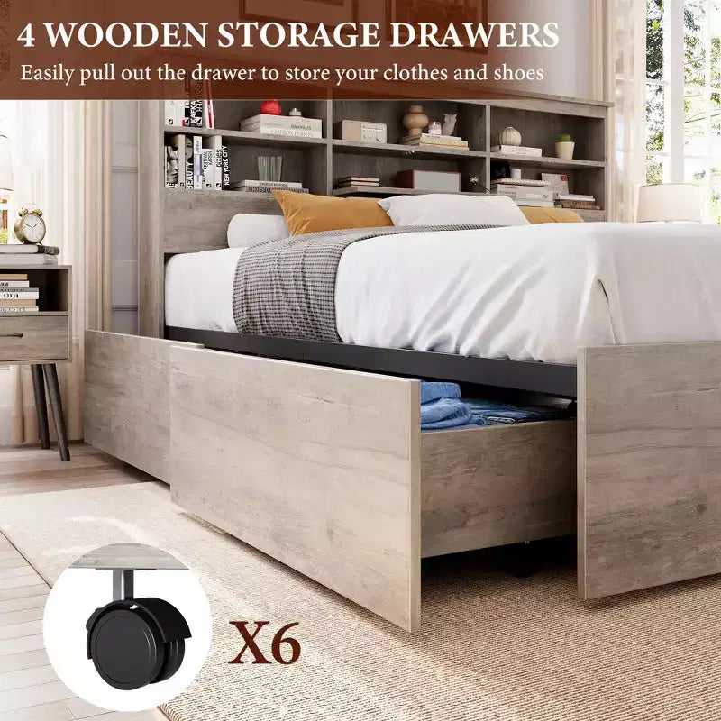 Struttura Letto King Size con Piattaforma, Cassetti Contenitore e Testiera con Libreria, Grigio