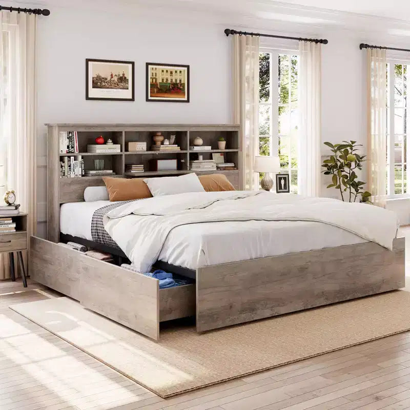 Struttura Letto King Size con Piattaforma, Cassetti Contenitore e Testiera con Libreria, Grigio