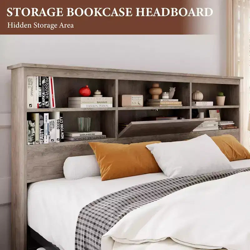 Struttura Letto King Size con Piattaforma, Cassetti Contenitore e Testiera con Libreria, Grigio