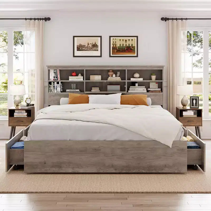 Struttura Letto King Size con Piattaforma, Cassetti Contenitore e Testiera con Libreria, Grigio