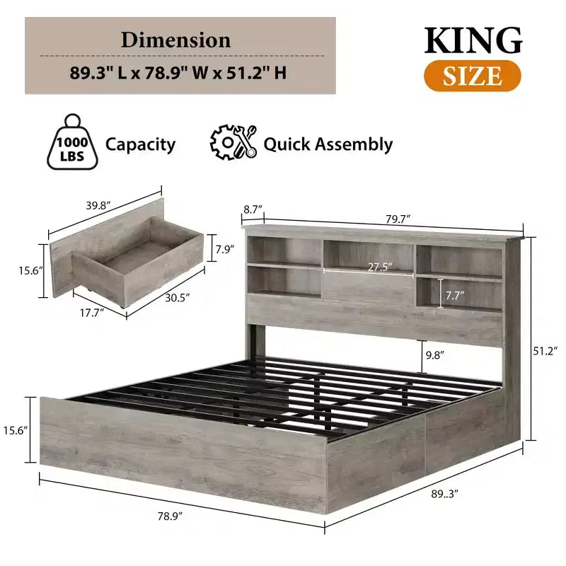 Struttura Letto King Size con Piattaforma, Cassetti Contenitore e Testiera con Libreria, Grigio