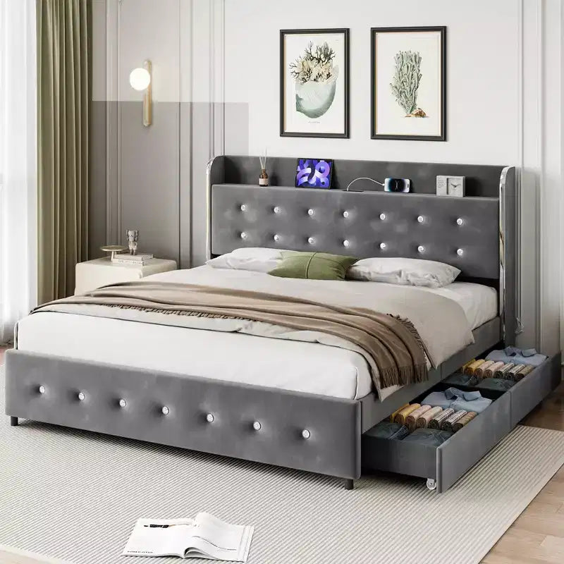 Base letto matrimoniale queen size con cassetti contenitore e testiera imbottita