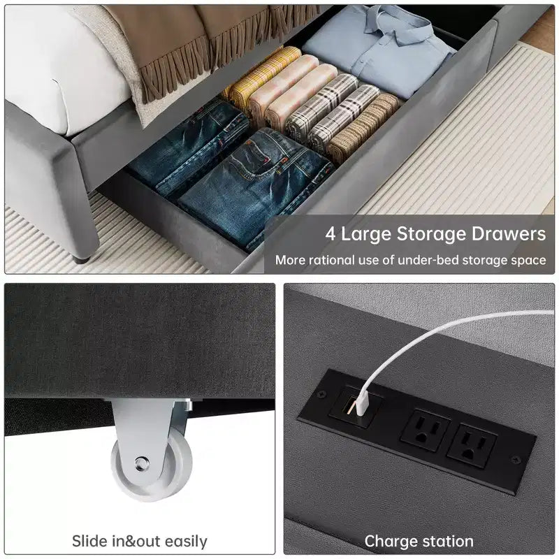Base letto matrimoniale queen size con cassetti contenitore e testiera imbottita