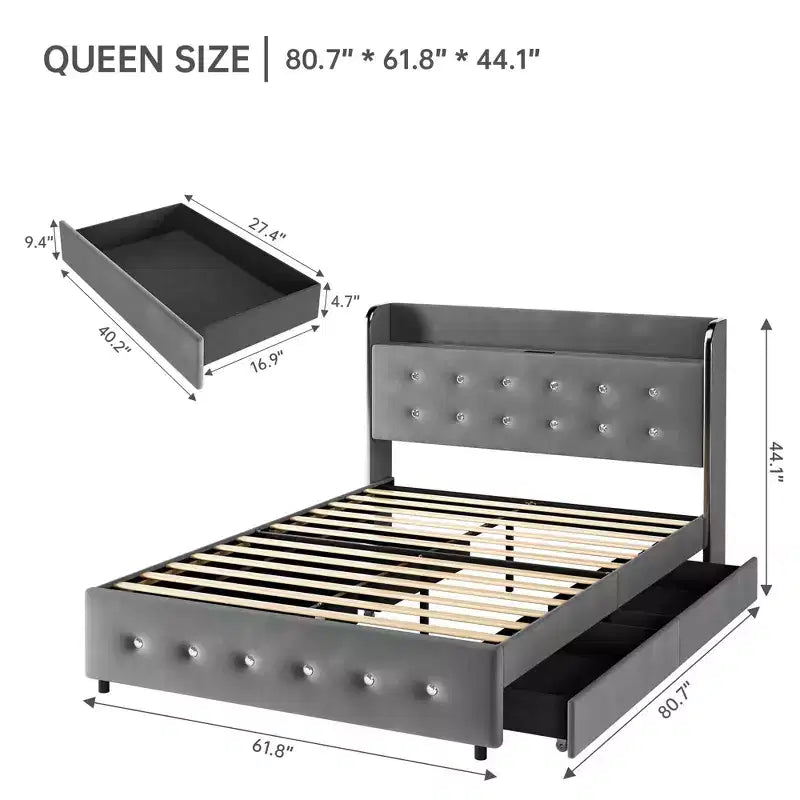 Base letto matrimoniale queen size con cassetti contenitore e testiera imbottita