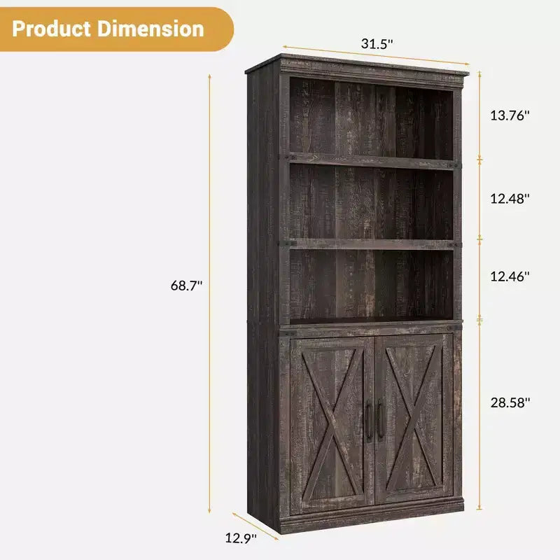 Libreria a 5 ripiani con ante, scaffale espositivo alto 174,5 cm con contenitore per soggiorno e ufficio