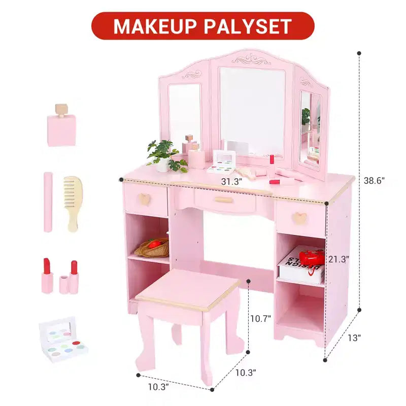Set da toeletta rosa per bambini con specchio a tre ante, sgabello e contenitore