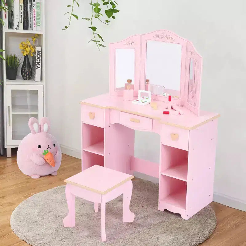 Set da toeletta rosa per bambini con specchio a tre ante, sgabello e contenitore