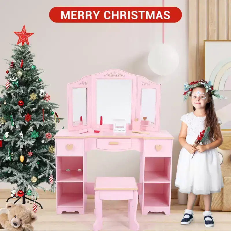 Set da toeletta rosa per bambini con specchio a tre ante, sgabello e contenitore