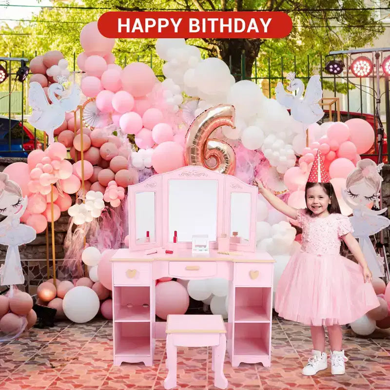 Set da toeletta rosa per bambini con specchio a tre ante, sgabello e contenitore