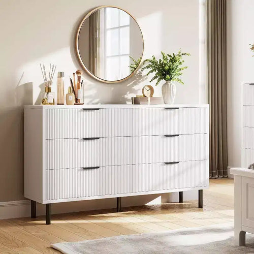 COZONY 59 6 Drawer Dresser, Modern Fluted Cabinet with Metal Handles, Wooden Storage for Bedroom/Living Room