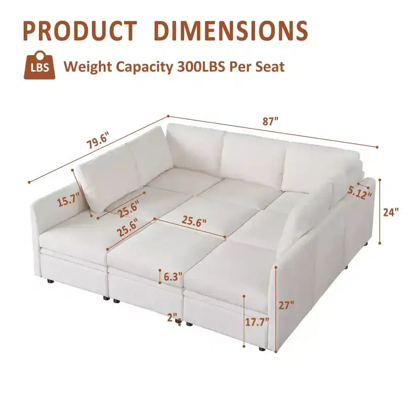 Divano Letto Componibile con Contenitore, Tessuto ciniglia, Fino a 9 Posti – Beige