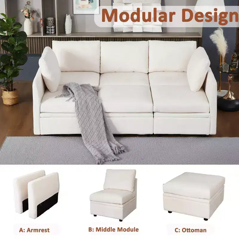 Divano Letto Componibile con Contenitore, Tessuto ciniglia, Fino a 9 Posti – Beige