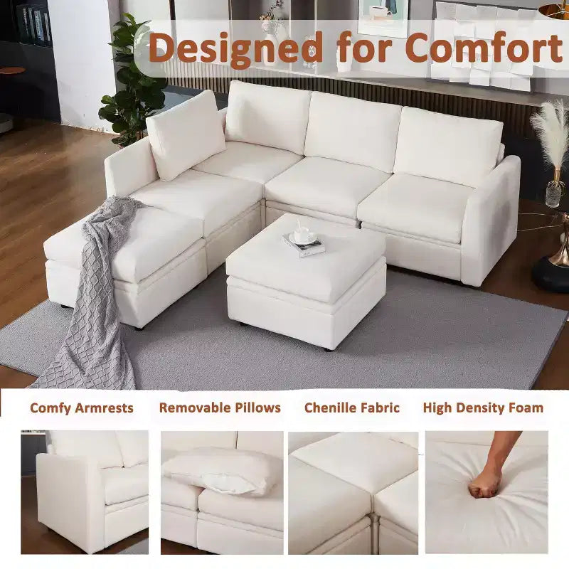 Divano Letto Componibile con Contenitore, Tessuto ciniglia, Fino a 9 Posti – Beige