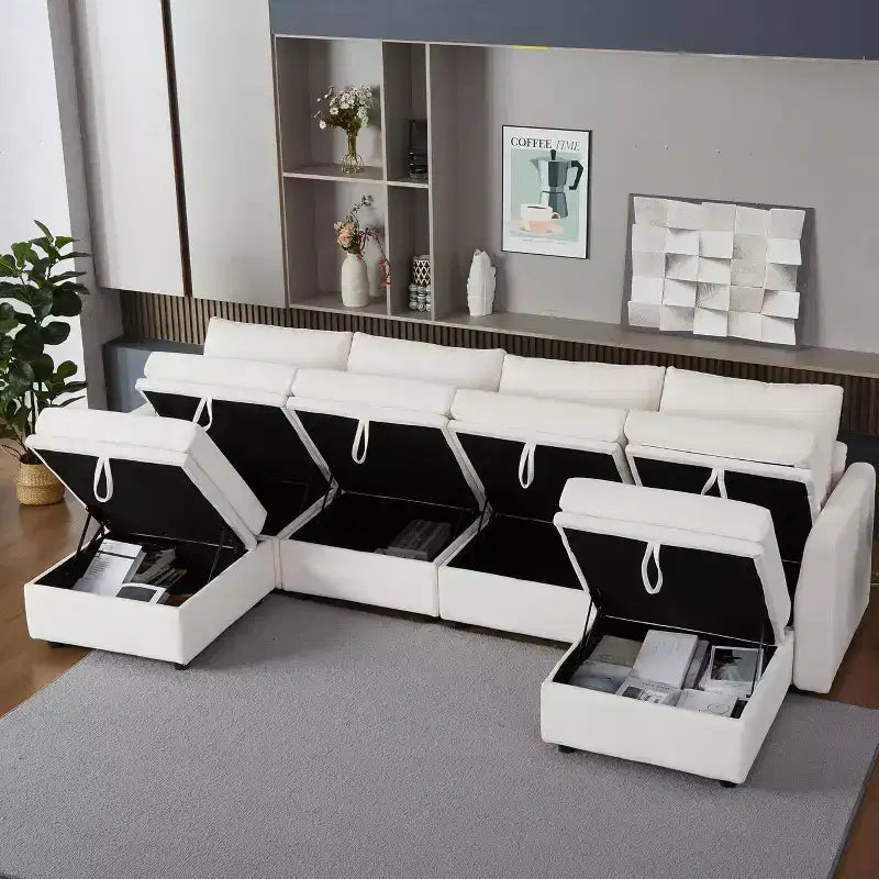 Divano Letto Componibile con Contenitore, Tessuto ciniglia, Fino a 9 Posti – Beige