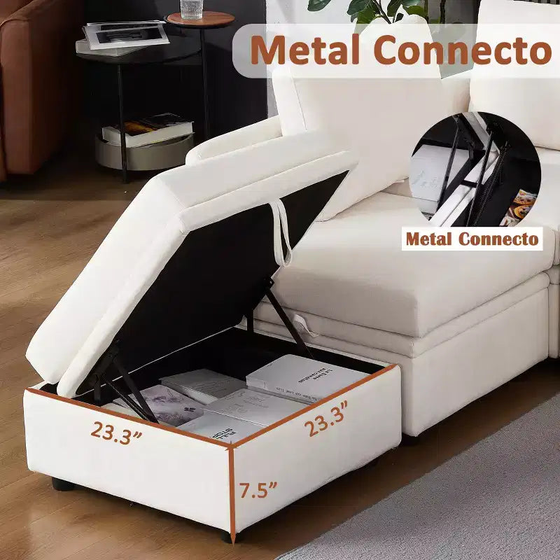 Divano Letto Componibile con Contenitore, Tessuto ciniglia, Fino a 9 Posti – Beige