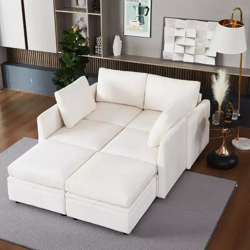 Divano Letto Componibile con Contenitore, Tessuto ciniglia, Fino a 9 Posti – Beige