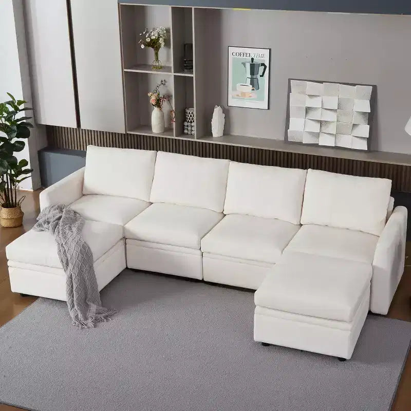 Divano Letto Componibile con Contenitore, Tessuto ciniglia, Fino a 9 Posti – Beige