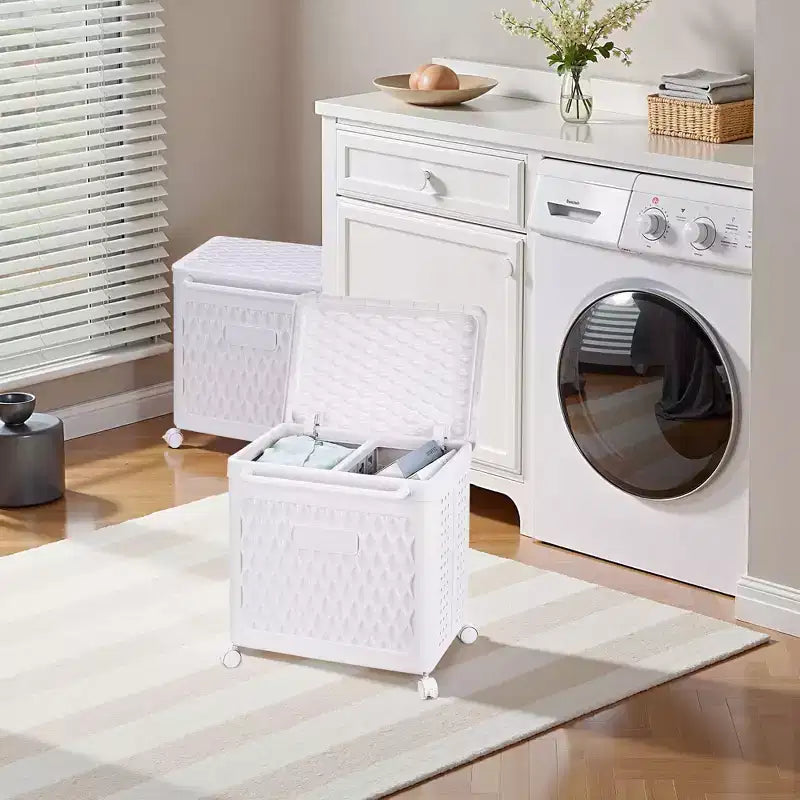 Cesto portabiancheria con coperchio e ruote – Cesta in plastica con maniglia per lavanderia o bagno, bianco